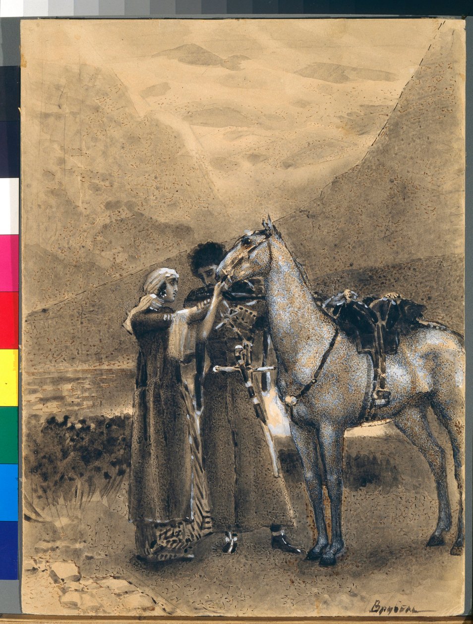 Rozloučení Zary a Ismaila - Ilustrace z básně "Izmail-bey" (Izmail bey) od Michaila Lermontova (1814-1841) - Umělecké dílo Michaila Alexandroviče Vrubela (Vrubel) (1856-1910) od Mikhail Aleksandrovich Vrubel