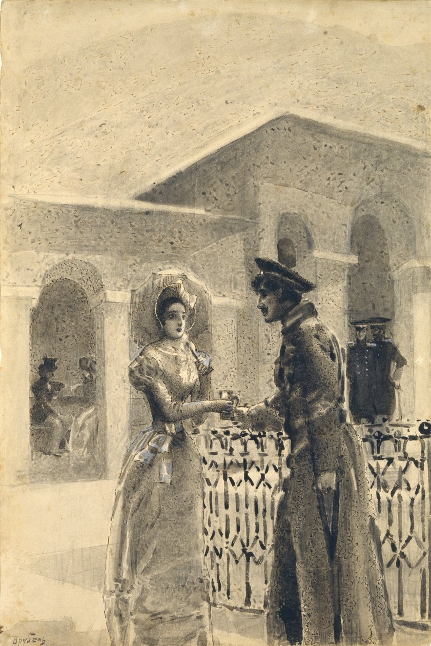 Princezna Mary a Grushnitsky. Ilustrace k románu Hrdina naší doby od Michaila Lermontova, 1891 od Mikhail Aleksandrovich Vrubel