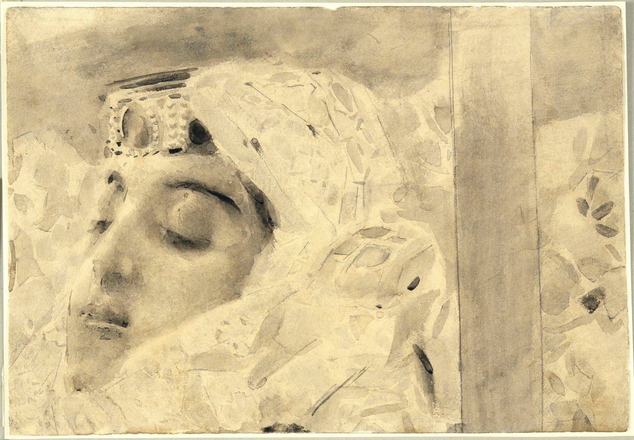 Tamara v rakvi - Ilustrace z básně "Démon" od Michaila Lermontova (1814-1841) - Umělecké dílo Michaila Alexandroviče Vrubela (Vrubel) (1856-1910) od Mikhail Aleksandrovich Vrubel