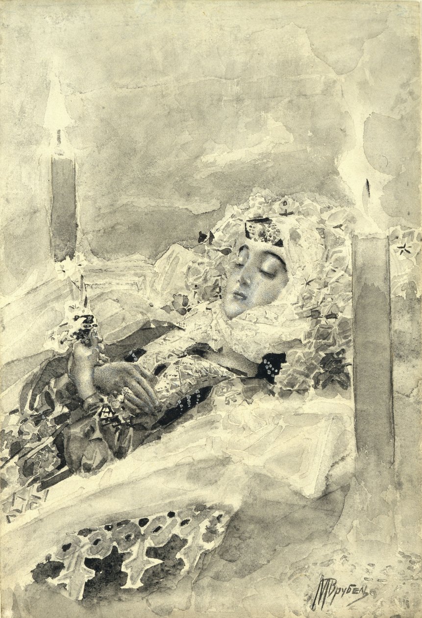 Tamara v rakvi. Ilustrace k básni Démon od Michaila Lermontova, 1890-1891 od Mikhail Aleksandrovich Vrubel
