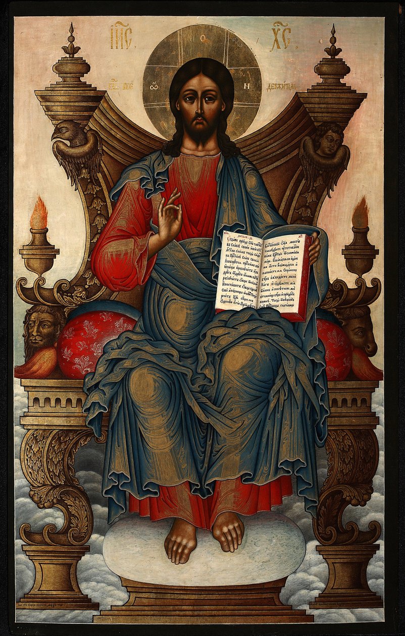 The Savior Enthroned - Soplyakov, Michail Alexejevič (1722-1799) - 1762 - Tempera na panelu - 92,5x60 - Soukromá sbírka od Mikhail Alexeyevich Soplyakov