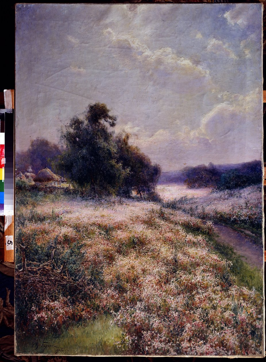Pre fleuri (Blooming Meadow). Peinture Mikhail Andreyevich Berkos (1861-1919). Huile sur toile   1398733   cs       czech Successfully Translated  Original: Landschap met reizigers Arcadische landschappen (series title) Translat: Landschap met reizigers Ar od Mikhail Andreyevich Berkos