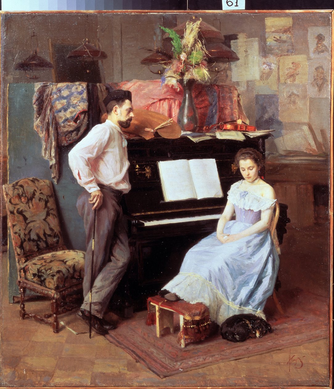 ""Umělec a jeho žena"" Mladá žena se sklopenýma očima sedí u klavíru pod pohledem svého manžela. Obraz Michaila Ignatieva (1870-1934) kolem roku 1900 Oblastní galerie umění, Vologda od Mikhail Ignatiev