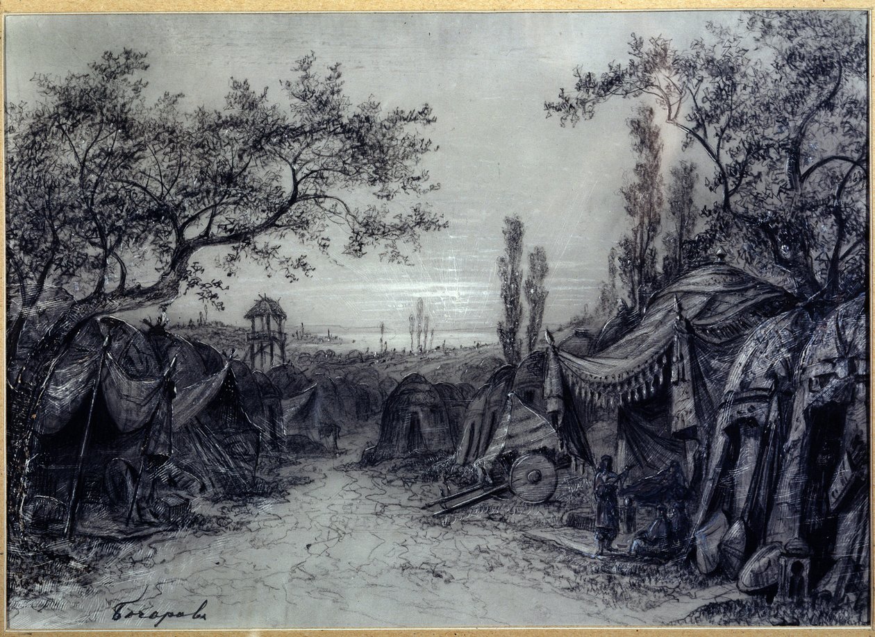 Přípravná výzdoba pro operu "Princ Igor"" Alexandra Borodina (1833-1887) (scéna k opeře "Princ Igor"" od A.Borodina). Vojenský tábor stanů, orámovaný stromy, se třemi postavami, včetně hudebníka. Umělecké dílo Michaila Ilyho od Mikhail Ilyich Bocharov