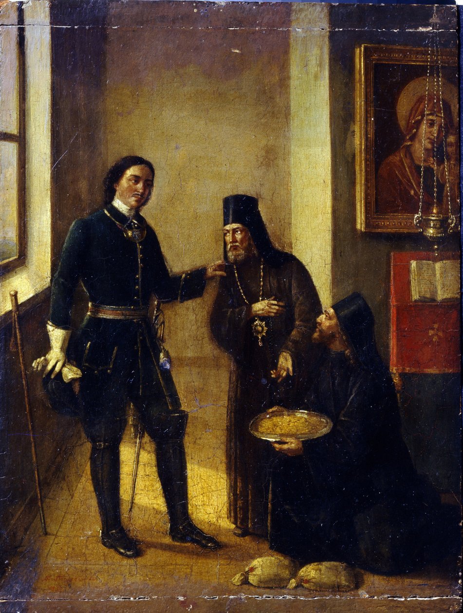 Biskup Mitrophan z Voroněže daruje Petru I. na stavbu azovské flotily v roce 1696 od Mikhail Ivanovich Terebenev