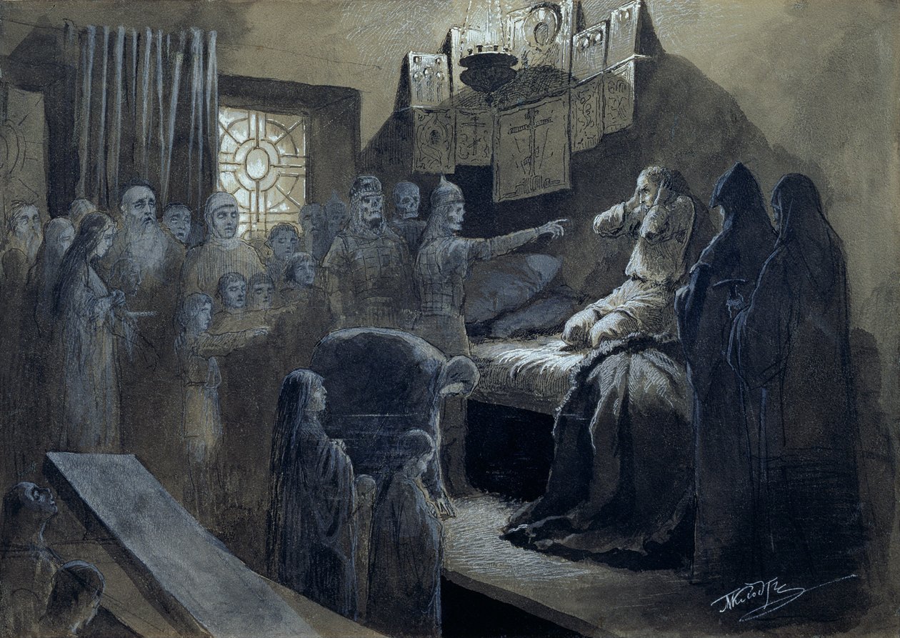 Ivan IV (1530-84) Hrozný, kterého navštívili duchové těch, které zavraždil (pero a inkoust s tělovou barvou na papíře) od Mikhail Konstantinovich Klodt
