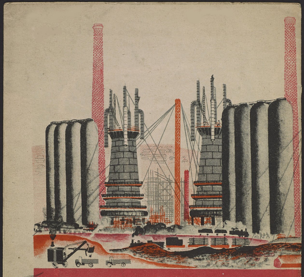 Illustration du livre pour enfants ""Combinat metallurgique Kuznets: un geant socialiste"" - Ilustrace pro dětskou knihu ""Kuznets Metallurgical Combine: Socialist Giant"", od Gureviče, Michaila Lvoviče (1904-1943). Barevná litografie od Mikhail Lvovich Gurevich