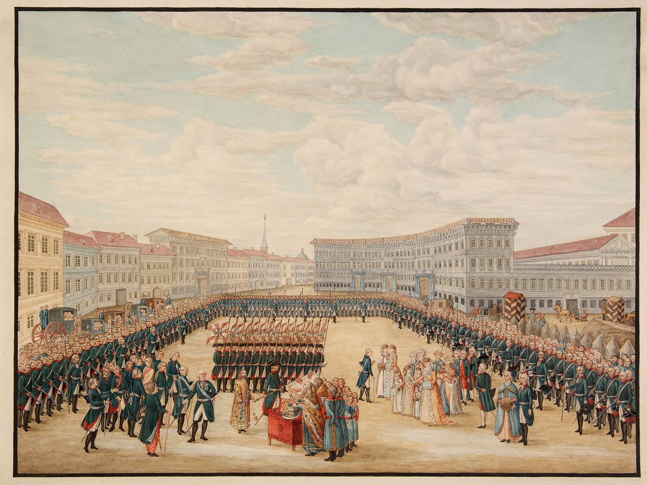 Požehnání praporu Preobraženského pluku v prosinci 1796. (Svěcení praporu Preobraženského pluku v prosinci 1796). Nejprestižnější pluk ruské císařské gardy, vytvořený Petrem I. Velikým (1672-1725) v r. od Mikhail Matveevich Ivanov