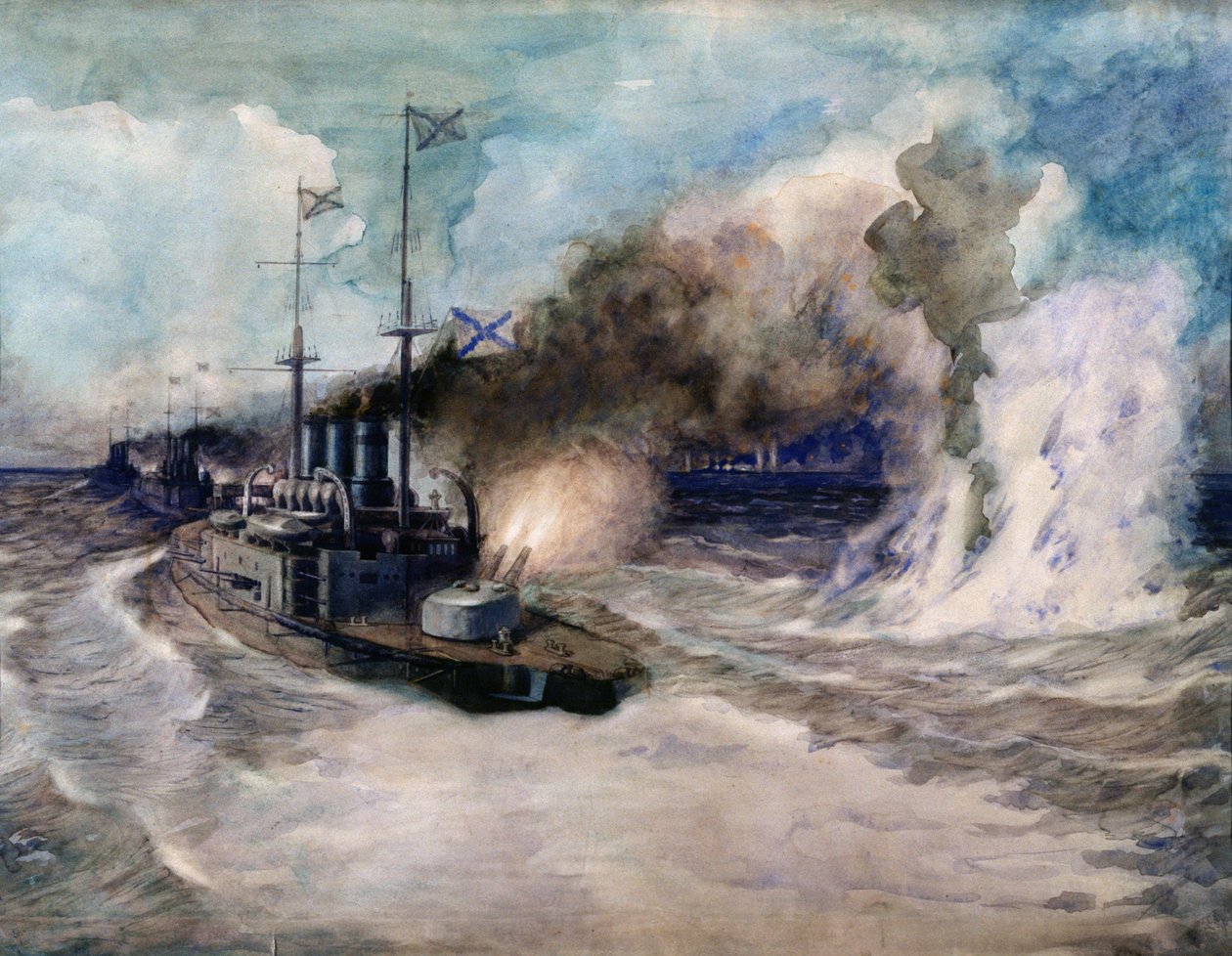 Námořní bitva mezi Černomořskou flotilou a německým obrněným křižníkem Goeben dne 5. listopadu 1914 - Umělecké dílo Michaila Michajloviče Semjonova ( od Mikhail Mikhailovich Semyonov