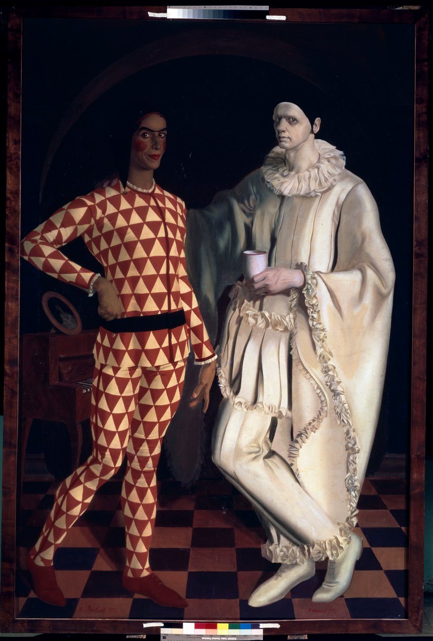 Harlekýn a Pierrot (Autoportréty, v kostýmech z Comedia dell Arte) - Harlekýn a Pierrot (Autoportréty) - Malba Alexandra Jevgenjeviče Jakovleva (Alexandre Iacovleff) (1887-1938), olej na plátně od Mikhail Nikolayevich Yakovlev