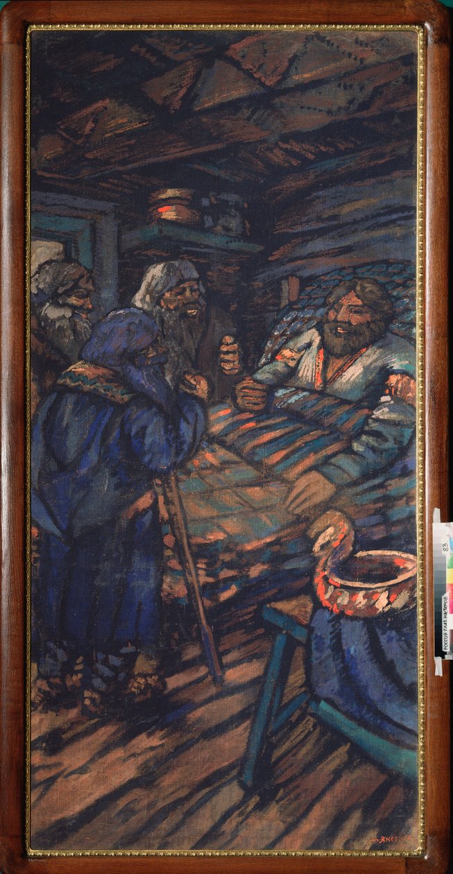 Svatba velkovévody Vladimíra I. Svjatoslaviče (známého jako Velké nebo Rudé slunce, 958-1015) (Svatba velkovévody Vladimíra I. Svjatoslaviče) Vladimir alit je obklopen třemi starými muži - Obraz Michaila Nikolajeviče Jakovleva (1880- 1942), olej od Mikhail Nikolayevich Yakovlev
