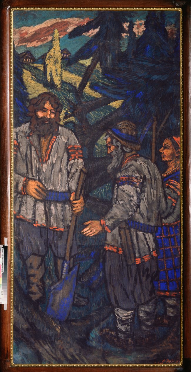 Svatba velkovévody Vladimíra I. Svjatoslaviče (nazývaného Velké nebo Rudé slunce, 958-1015) (Svatba velkovévody Vladimíra I. Svjatoslaviče) Vladimir s lopatou mluví s pár rolníky - Obraz Michaila Nikolajeviče Jakovleva ( 1880 -1 od Mikhail Nikolayevich Yakovlev