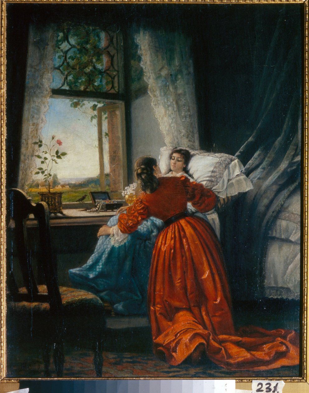 Návštěva nemocných (Visiting the Sick) žena zastrčí malou holčičku na sedadlo, instalované u okna - Obraz Michaila Petroviče, Baron Klodt (1835-1914), olej na mědi od Mikhail Petrovich Klodt