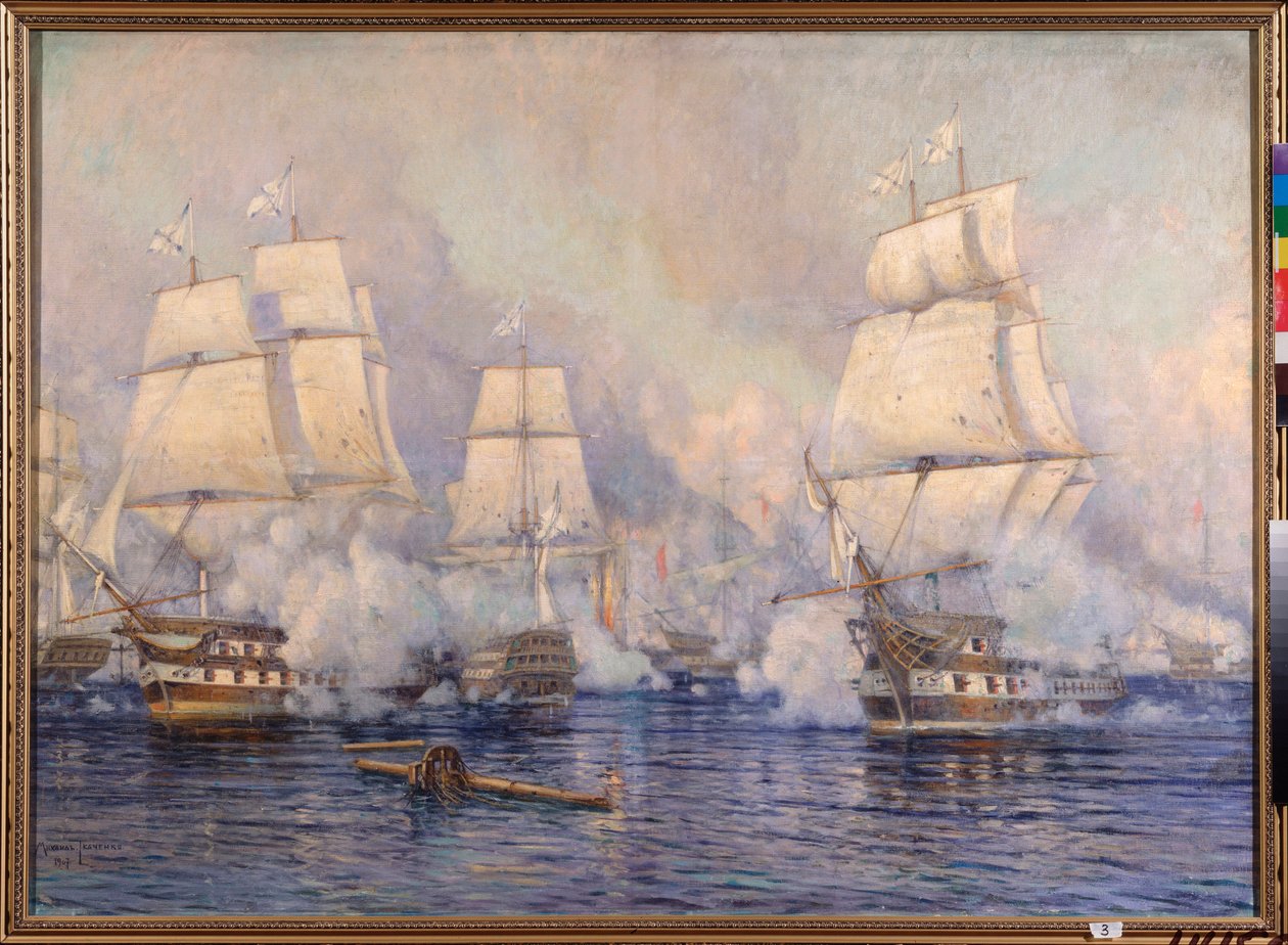 Námořní bitva u Navarina, 20. října 1827 mezi osmanskou flotilou a francouzsko-anglo-ruskou flotilou (epizoda rusko-turecké války 1828-1829 a řecké války za nezávislost nebo řecké revoluce 1821-1830) - ( Námořní bitva o Na od Mikhail Stepanovich Tkatchenko