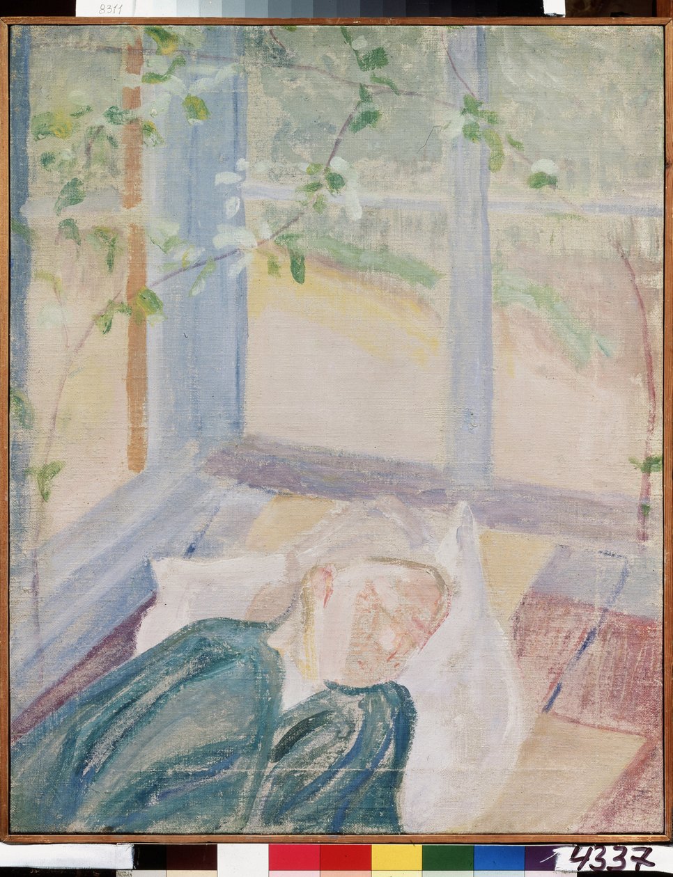 Portrét umělkyně Eleny (Yeleny) Guro (1877-1913), manželky malíře (Portrét umělce Y. Guro, umělcova manželka). Představoval spaní pod okny terasy, na sobě halenku a na sobě šátek. Obraz Michaila Vasiljeviče Matiho od Mikhail Vasilievich Matyushin