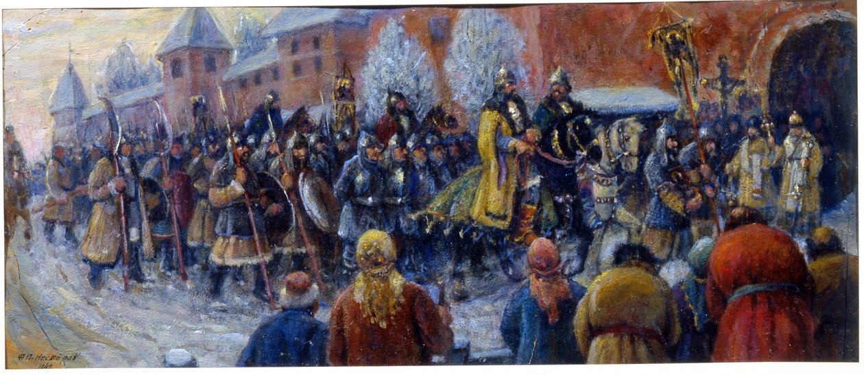 Příjezd Alexandra Něvského do Novgorodu po bitvě na ledu od Mikhail Vasilievich Nesterov