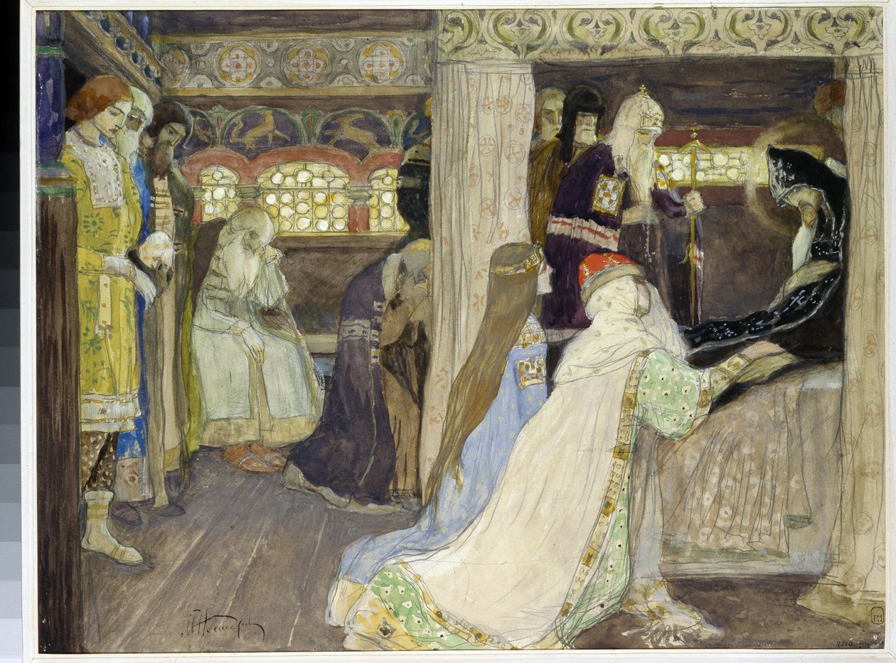 Smrt velkovévody Alexandra Něvského (1220-1263). (Smrt velkovévody Alexandra Něvského). Dílo Michaila Vasiljeviče Nesterova (1862-1942), akvarel a kvaš na papíře od Mikhail Vasilievich Nesterov