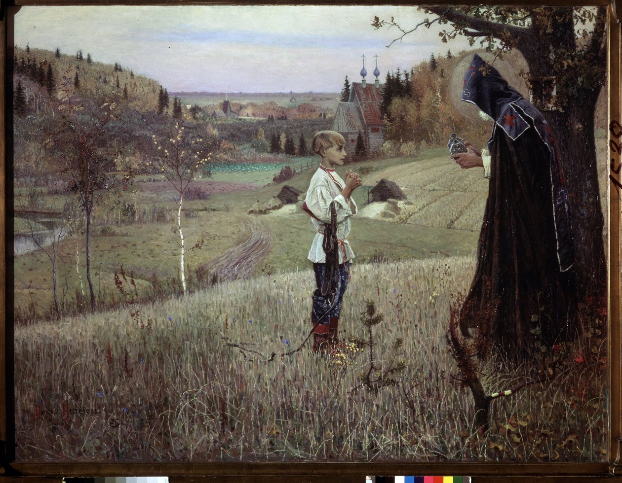 Vize mladého Barthelemyho. (Vize mládeže Bartoloměje). Setkání mezi mnichem a mladým Rusem Barthelemyem (který se měl stát svatým Sergem de Radonege nebo Sergijem Radonezhskym nebo Sergejem Radonezhskym nebo Sergejem de Radonezh, kolem 1313-1392). Vymalová od Mikhail Vasilievich Nesterov