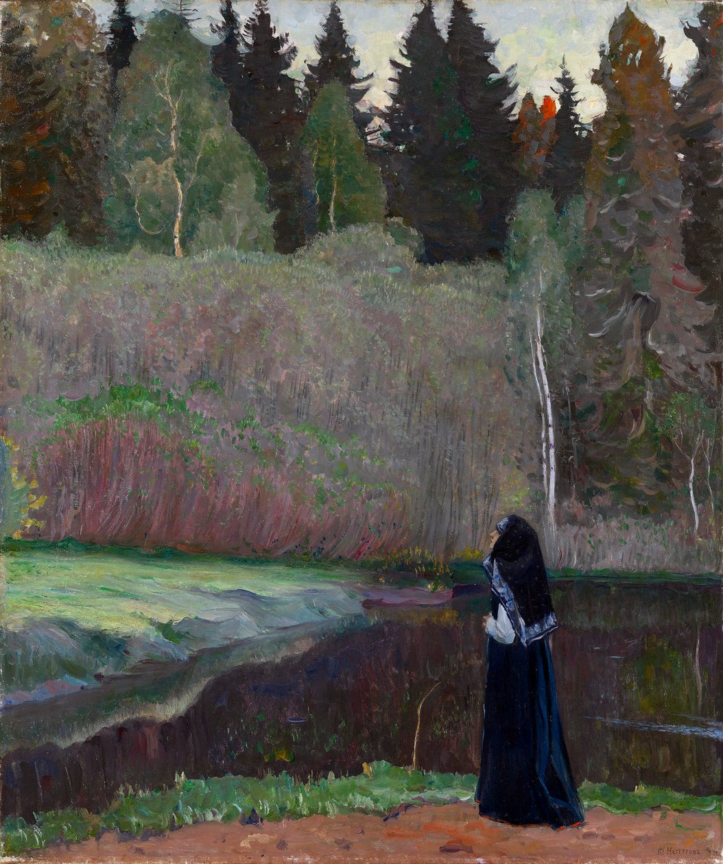 "Le chant du rossignol"" (Slavík zpívá) Jeptiška naslouchající ptačímu zpěvu - Obraz Michaila Vasiljeviče Nesterova (1862-1942) 1918 Rozměr 81x68,5 cm Soukromá sbírka od Mikhail Vasilievich Nesterov