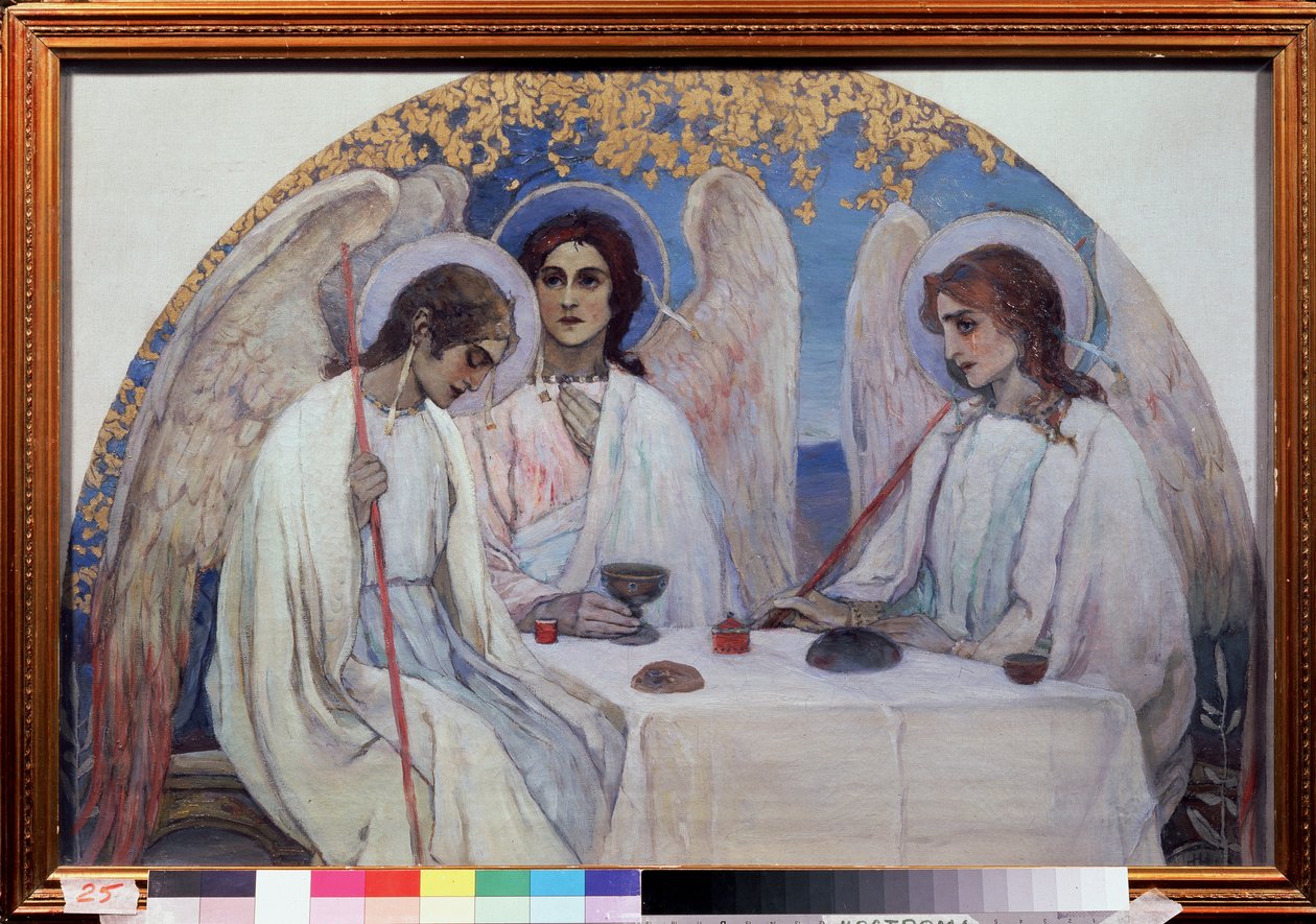 Abrahamova pohostinnost. Trojice Starého zákona. Znázornění tří andělů, kteří se zjevili Abrahamovi poblíž Chene de Mambre. (Abrahamova pohostinnost (Starozákonní Trojice). Obraz Michaila Vasiljeviče Nesterova (1862-1942), olej na plátně. od Mikhail Vasilievich Nesterov