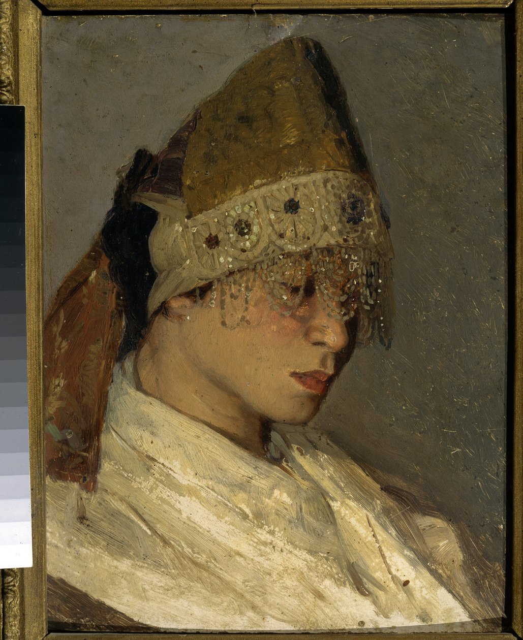 Dívka, která nosí Kokochnik (A Girl With Kokoshnik). Tradiční vysoká čelenka ruských žen, vzadu svázaná stuhami, přední strana je zdobena korálky a výšivkou. Obraz Michaila Vasiljeviče Nesterova (1862-1942), olej na dřevě od Mikhail Vasilievich Nesterov