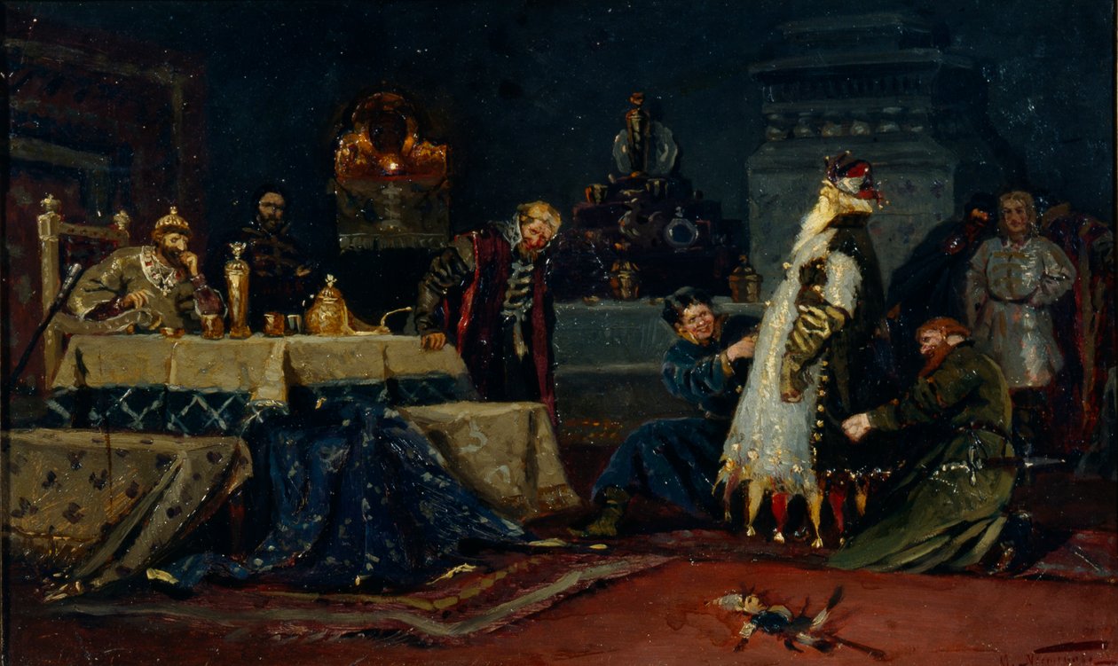 Kabát bláznů. Bojar Družina Andrejevič Morozov před Ivanem Hrozným, 1885 od Mikhail Vasilievich Nesterov