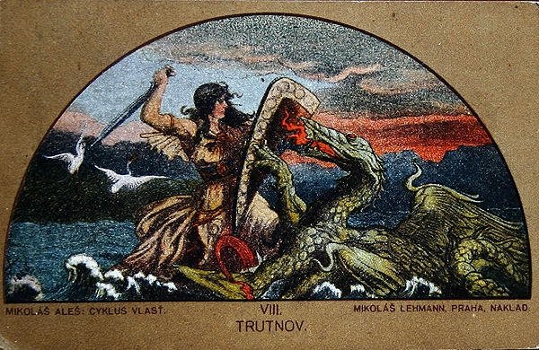 Pohlednice zobrazující rytíře Truta bojujícího s Drakem ze skal, kolem roku 1900 (barevně lito) od Mikolas (after) Ales