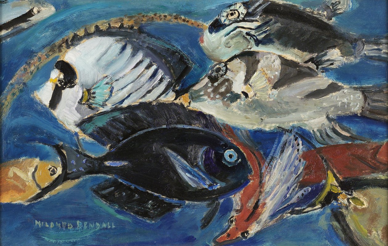 Poissons, kolem roku 1950 (olej na papíře položený na panelu) od Mildred Bendall