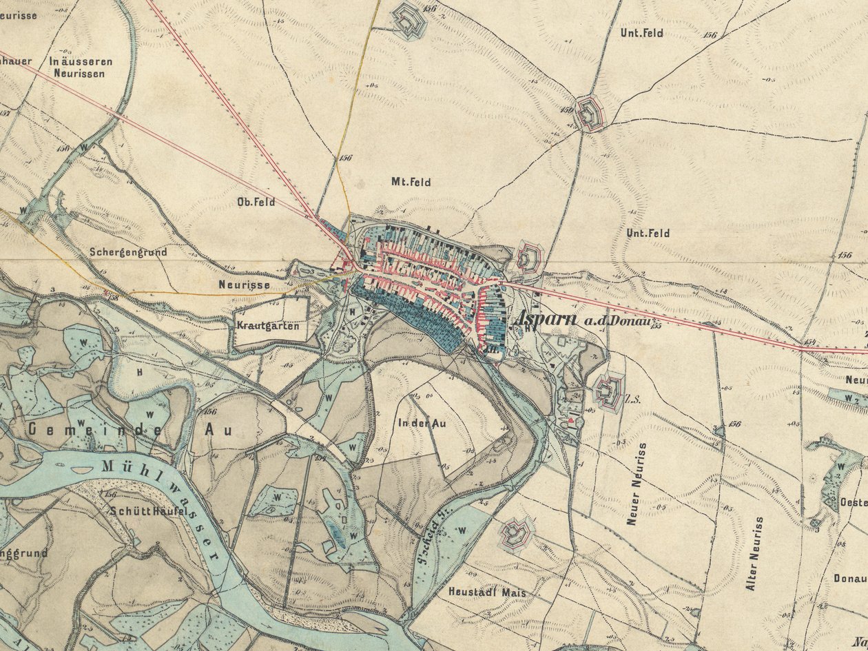 Mapa Aspern poblíž Vídně, 1873 od Militärgeographisches Institut Österreichisch Ungarische Monarchie