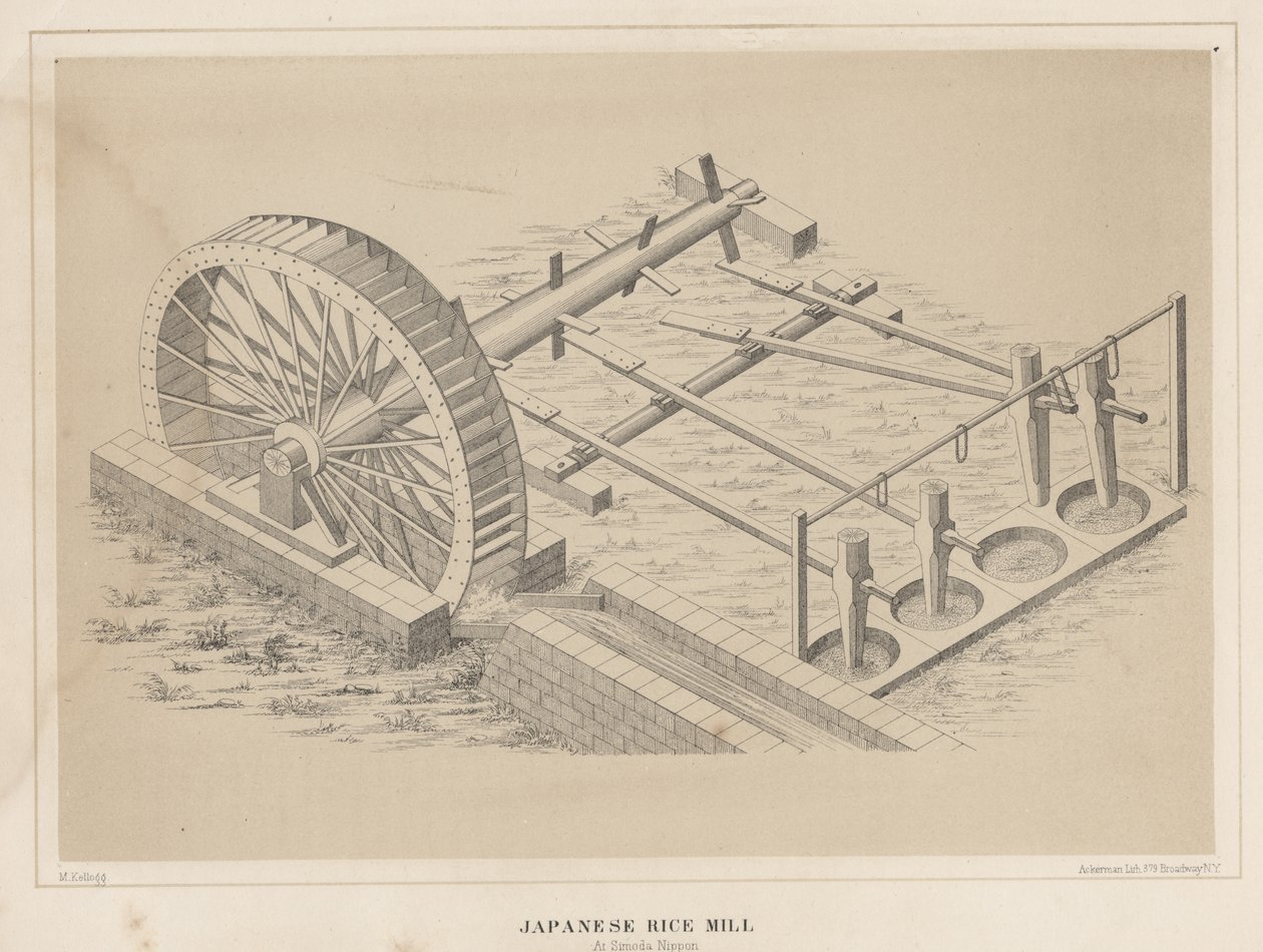 Japonský mlýn na rýži v Simoda Nippon, 1855 od Miner Kilbourne Kellogg