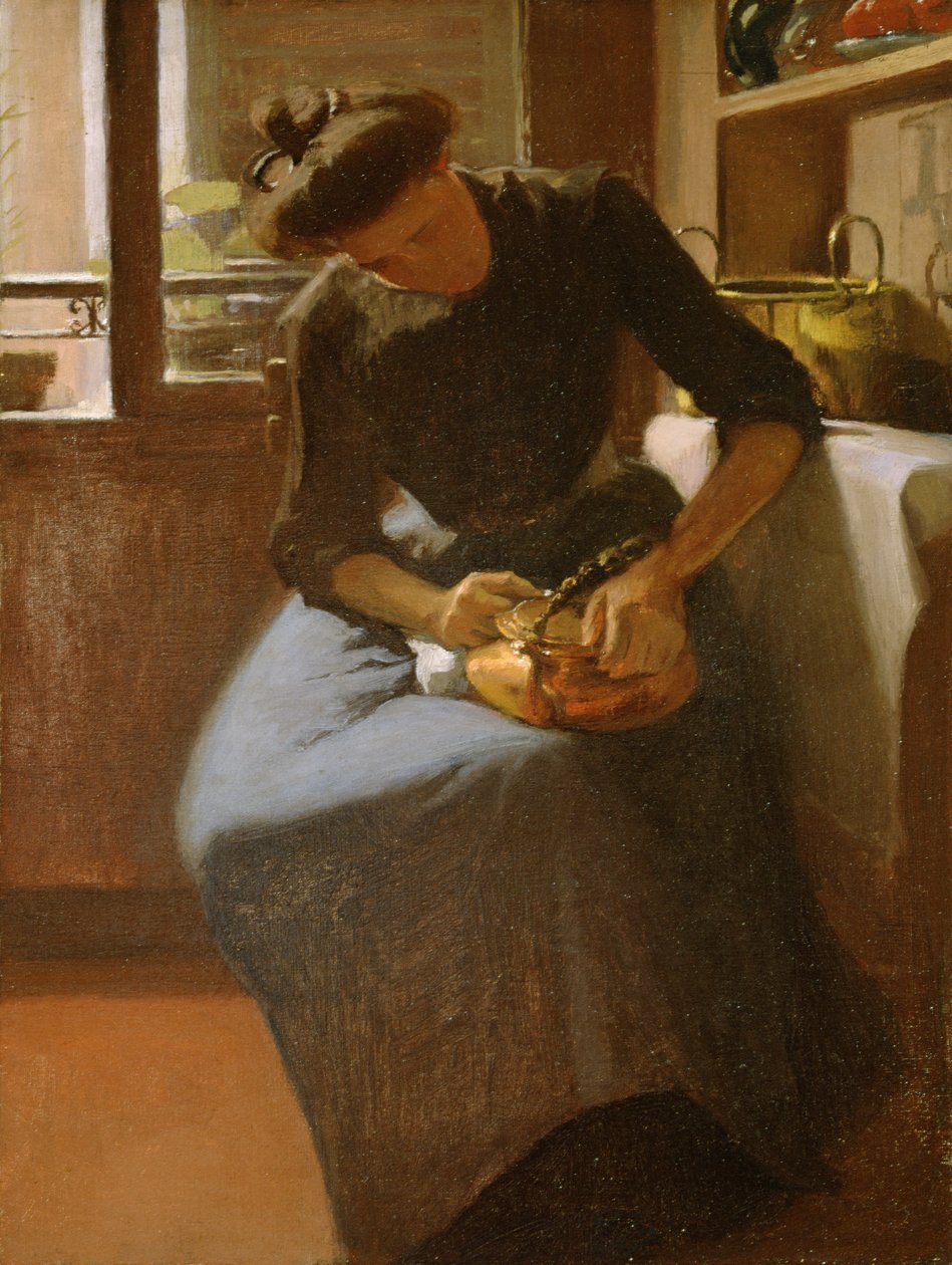 Žena leštící konvici, cca 1912 (olej na plátně) od Minerva Josephine Chapman