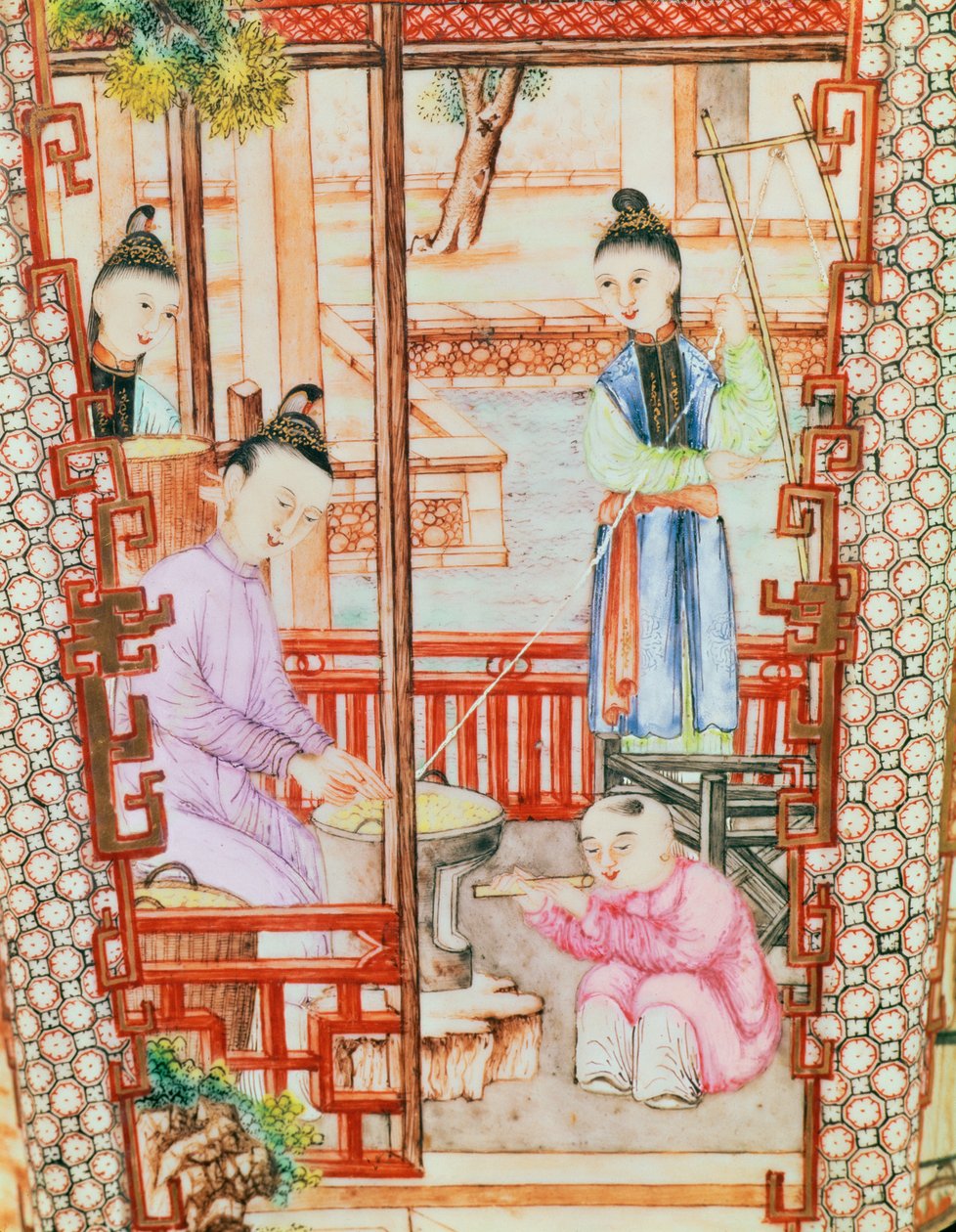 Detail z vázy zobrazující ženy předící hedvábí od Ming Dynasty Chinese School