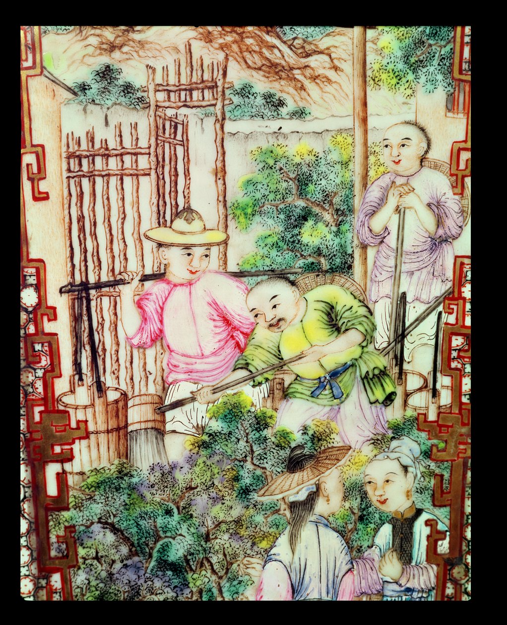 Detail vázy s muži zalévajícími čajovníky od Ming Dynasty Chinese School