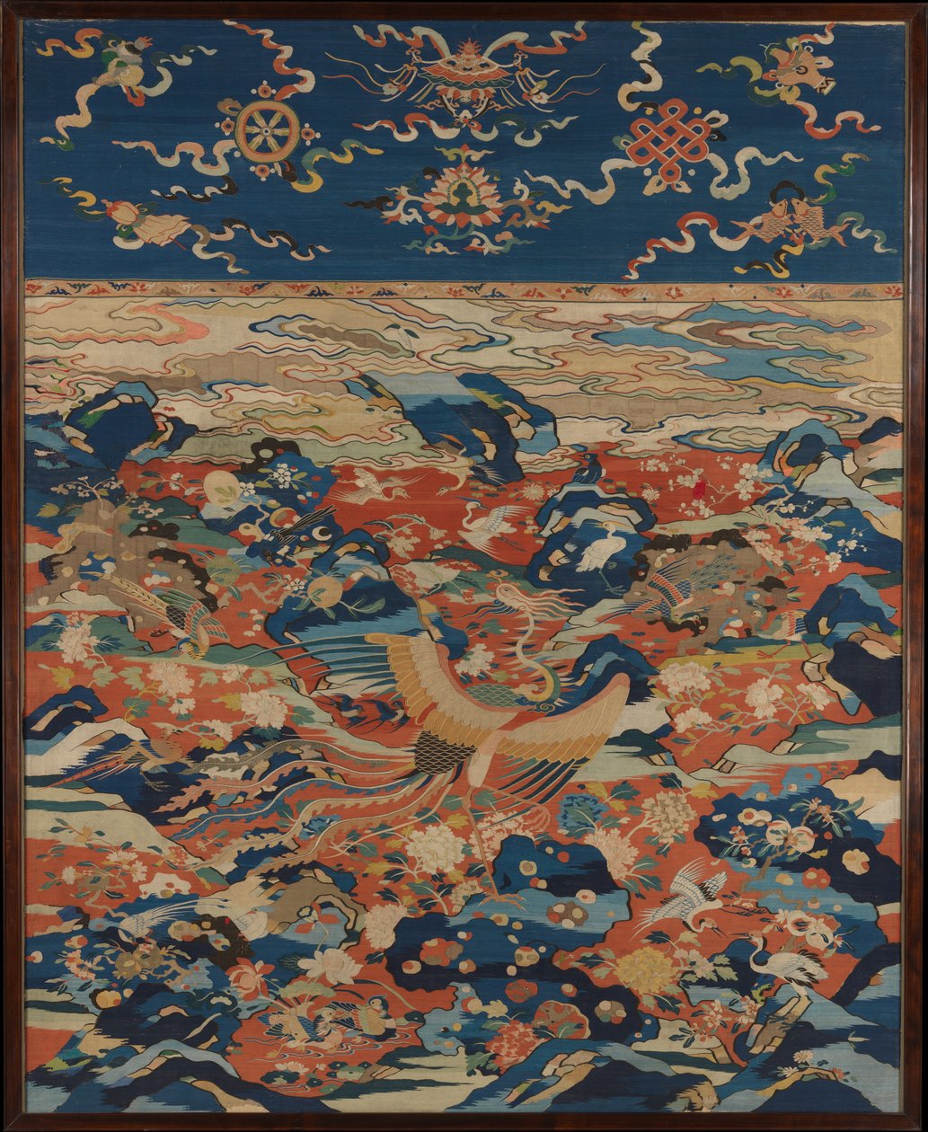 Panel s fénixem a ptáky ve skalce, cca 1600 od Ming Dynasty Chinese School