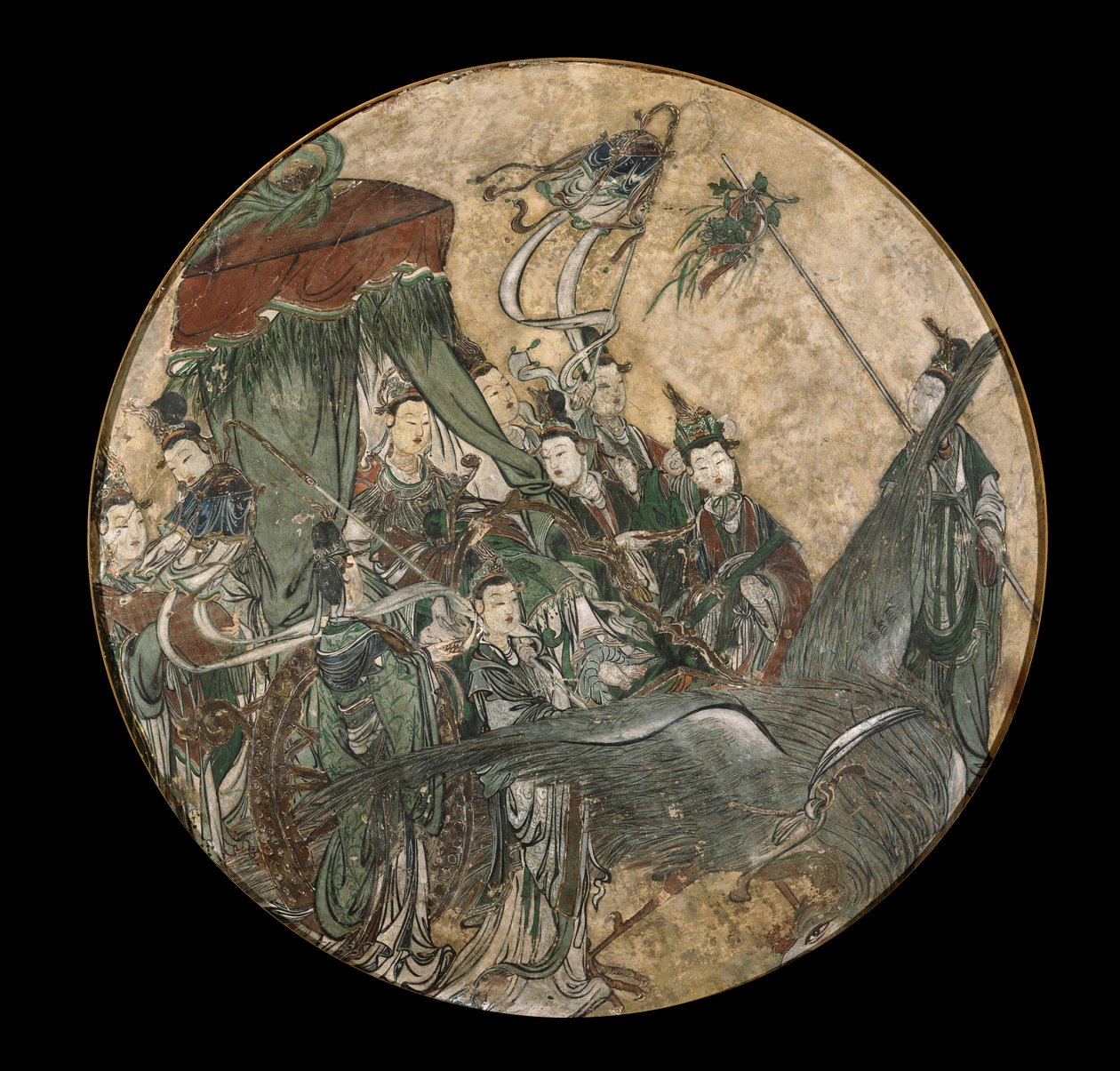 Polychromovaná freska zobrazující ženskou hodnostářku držící žezlo Ruyi, zatímco sedí ve voze taženém Fénixem od Ming Dynasty Chinese School