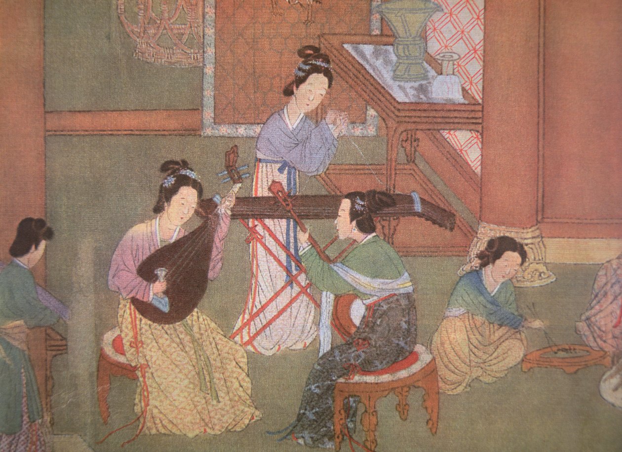 Čínská loutna, měsíční kytara a stolní citera (malba na hedvábí) od Ming Dynasty Chinese School