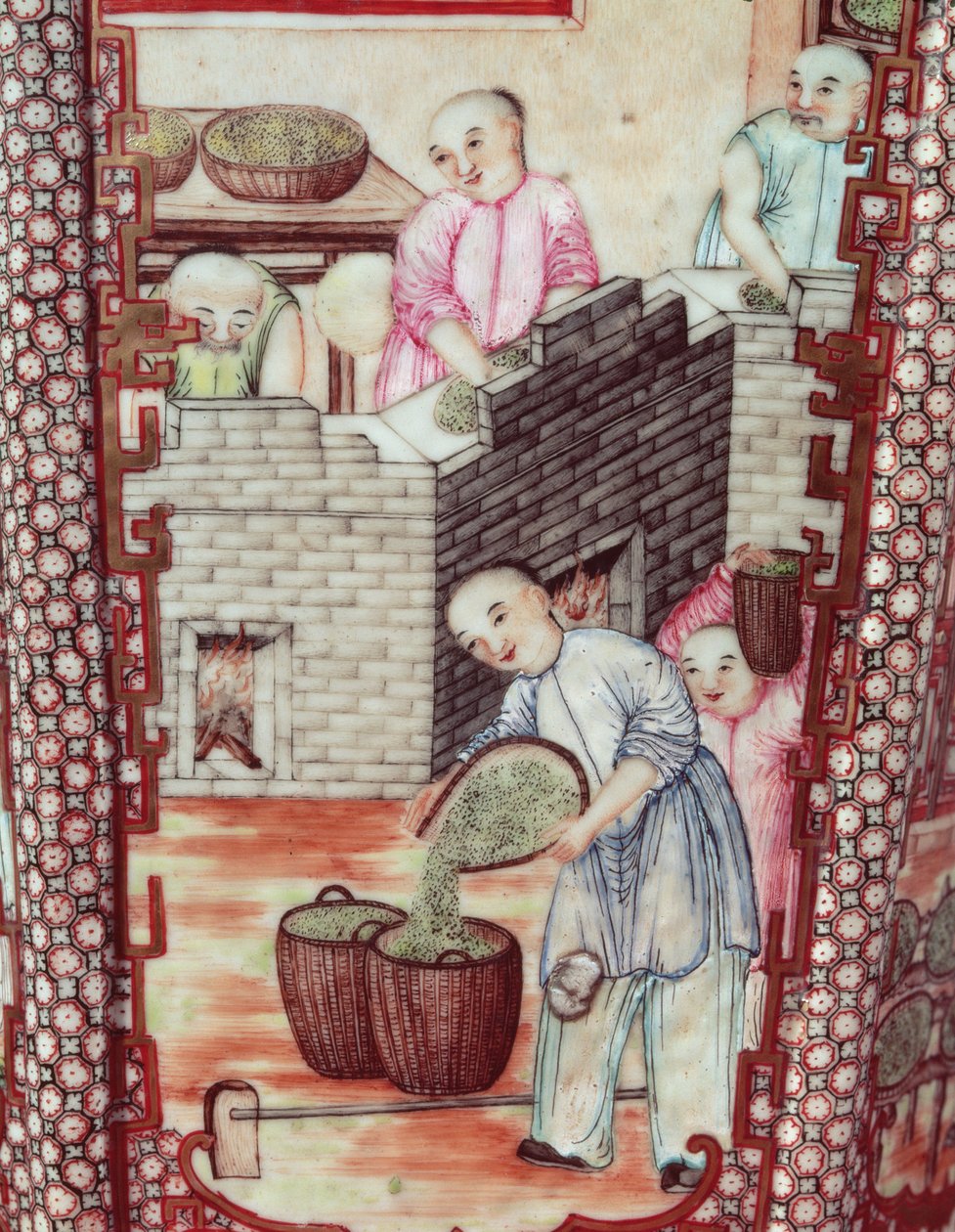 Detail z vázy zobrazující sušení čaje (keramika) od Ming Dynasty Chinese School