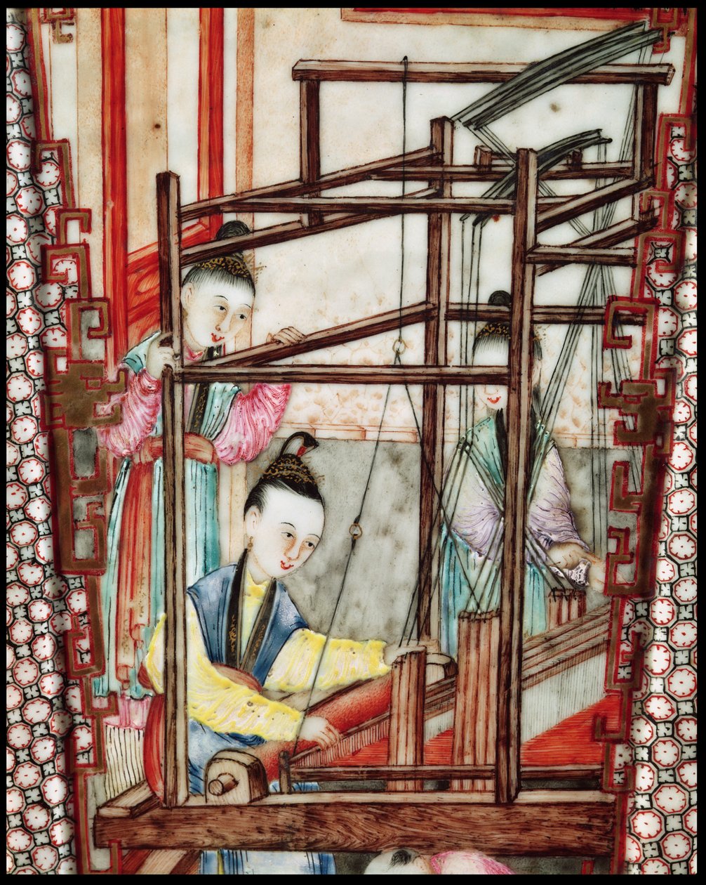 Detail z vázy zobrazující tkaní hedvábí (keramika) od Ming Dynasty Chinese School