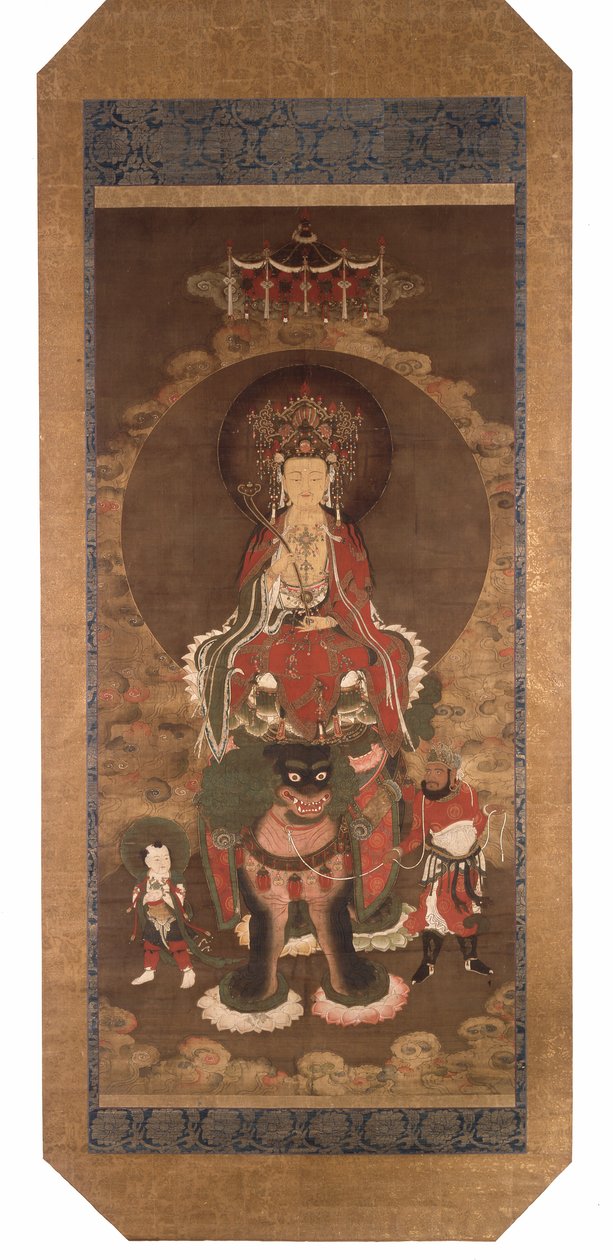Bódhisattva Maňdžusrí na lvu, konec 14. století (tuš, barva a zlatý pigment na hedvábí) od Ming Dynasty Chinese School