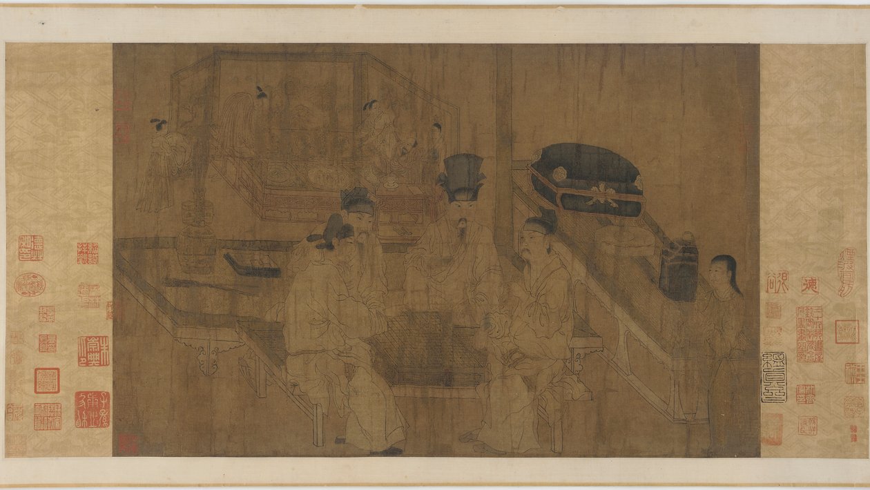 Dvojitá obrazovka: Císař Li Jing sleduje, jak jeho bratři hrají Weiqi (inkoust a barva na hedvábí) od Ming Dynasty Chinese School