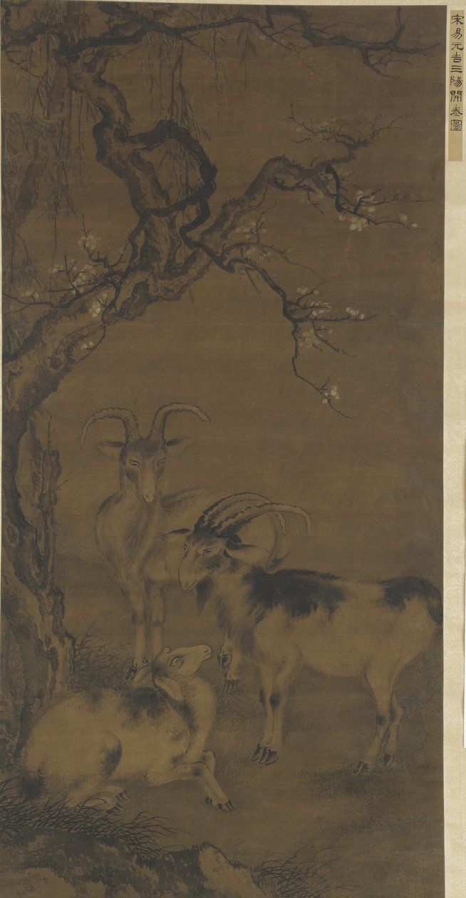 Tři kozy pod kvetoucí švestkou, 16.-17. století od Ming Dynasty Chinese School