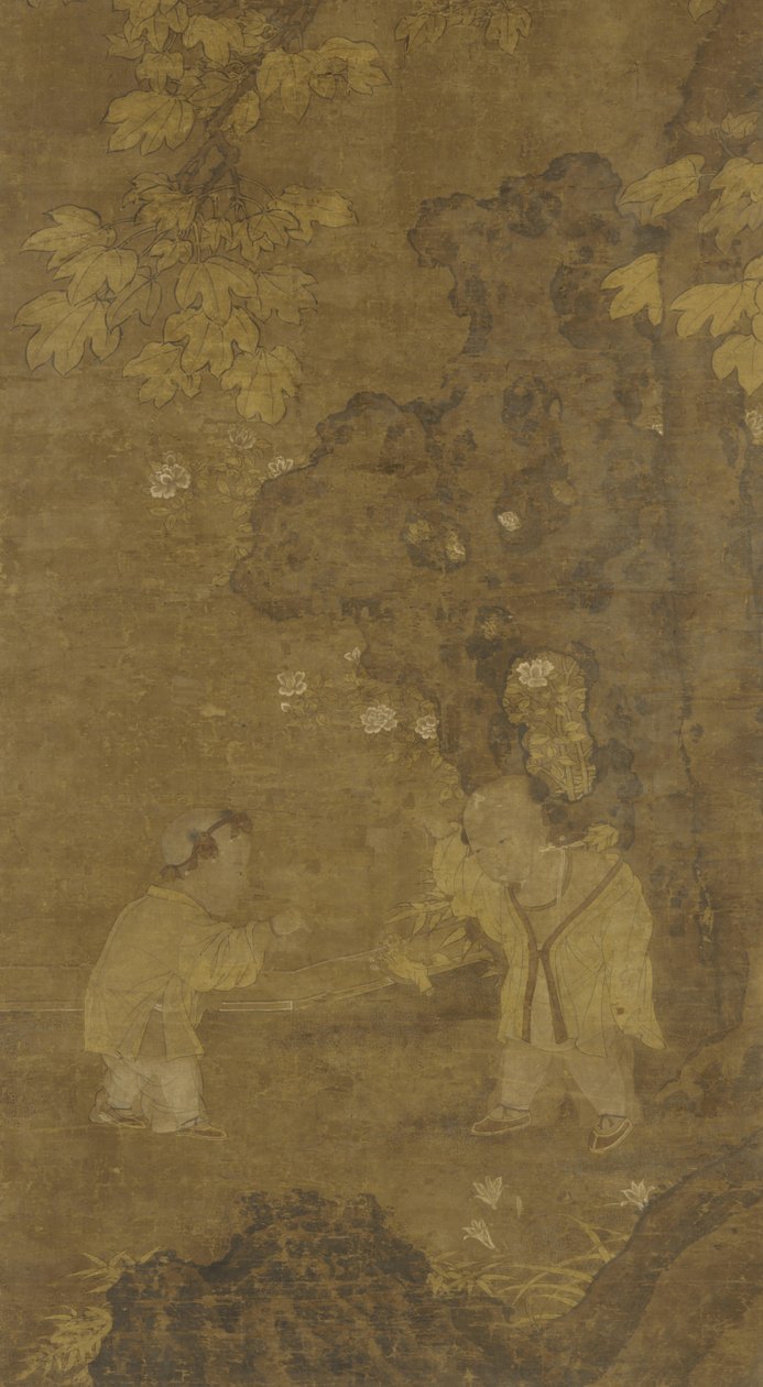 Dva chlapci si hrají s loutkou lva, 15.-16. století od Ming Dynasty Chinese School