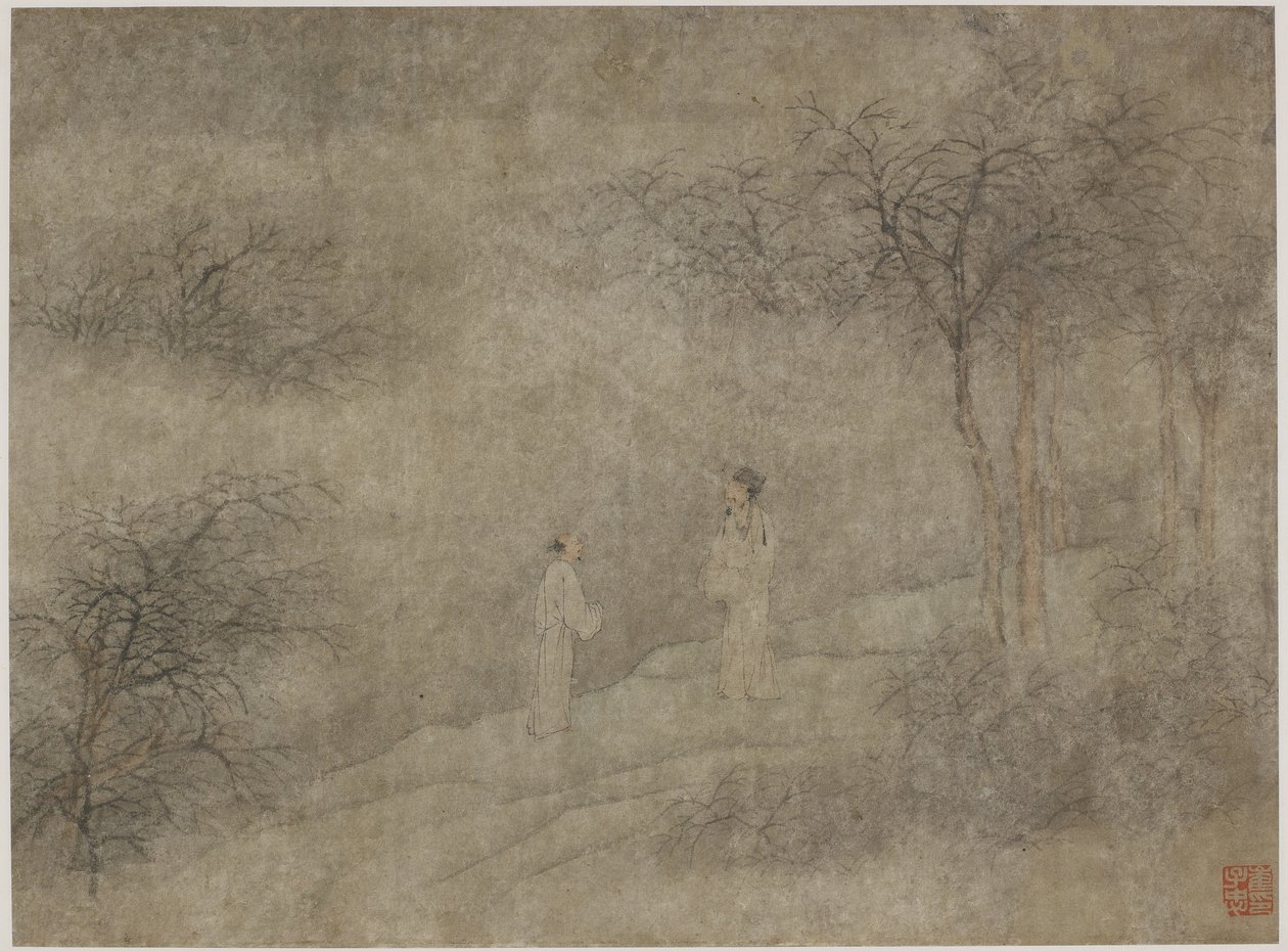 Dva muži jdoucí v mlžném háji (tuš a barva na papíře) od Ming Dynasty Chinese School