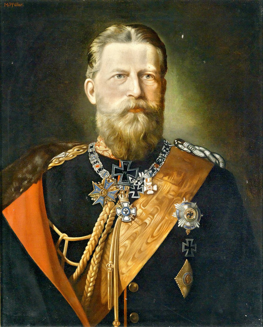 Císař Fridrich III., pruský král; portrét v uniformě polního maršála s medailovou dekorací od Minna Pfüller