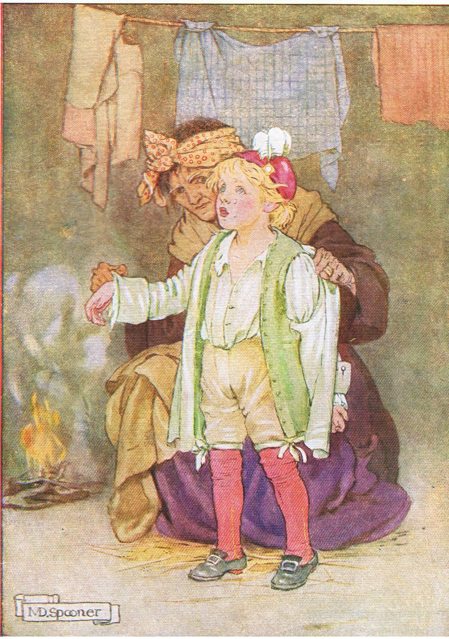 Zbavili ho sametu, peří a krajky (z příběhu Edwy a ozvěna), ilustrace z knihy A Staircase of Stories vydané nakladatelstvím Thomas Nelson & Sons Ltd 40. léta (barevné lito) od Minnie Didbin Spooner
