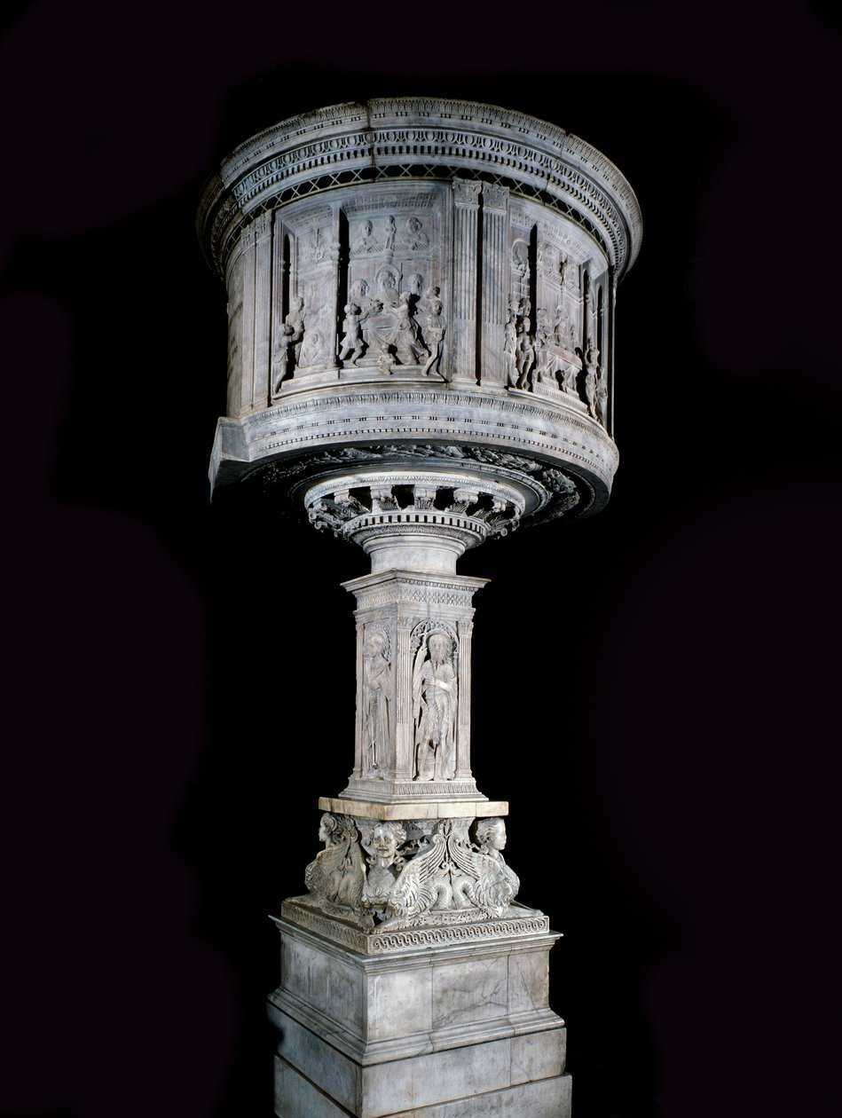Renesanční umění: Židle Pasquino di Matteo (1425-1485), vyřezávali Mino da Fiesole (1429-1484) a Antonio Rossellino (1427-1479) (kazatelna z bílého mramoru (1469-1473) s reliéfy Antonia Rossellina a Mino da Fiesole) od Mino da Fiesole