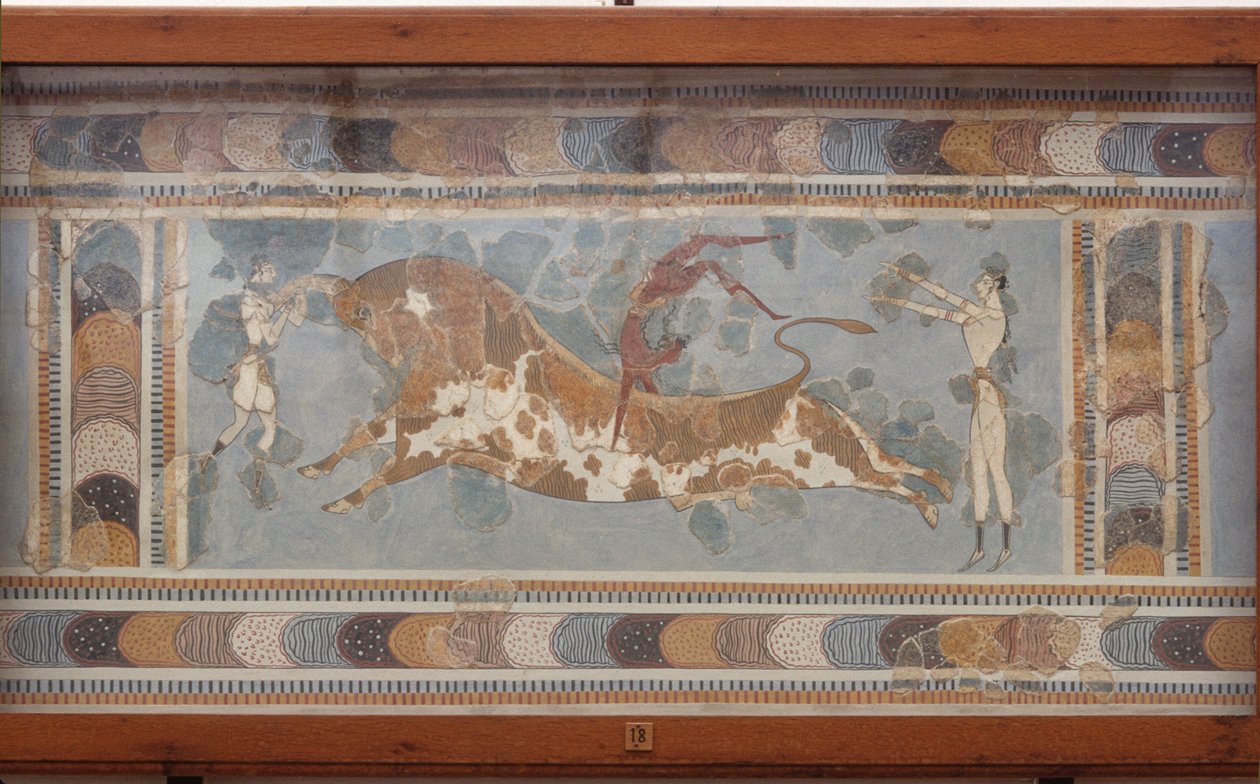 Freska býčích zápasů z Knossu, namalovaná kolem roku 1550-1450 př.nl od Minoan