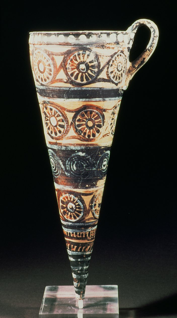 Kónický rhyton, odstraněný z Akrotiri na ostrově Thera (Santorini) v jižních Kykladách, cca 1500 př. n. l. (polychromovaná hlína) od Minoan