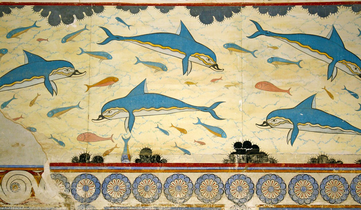 Freska delfínů v královnině koupelně, Knossos, Kréta 1550-1450 před naším letopočtem od Minoan