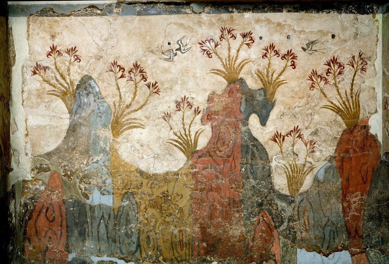 Minojské umění: „jarní“ freska z Akrotiri do Santorini. 16. století před naším letopočtem. Athény, Národní archeologické muzeum od Minoan